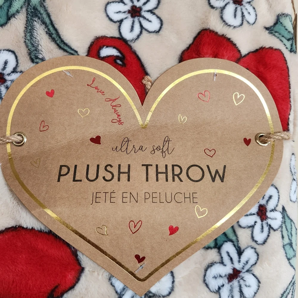 Cherry hearts plush throw blanket tan red 60
